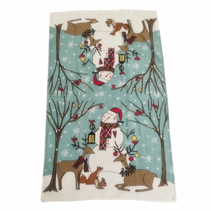 1Pc 41x65cm Christmas Snowman Santa Claus Tree Printed Cotton Kitchen Dishcloth Tea Towel Xmas Party