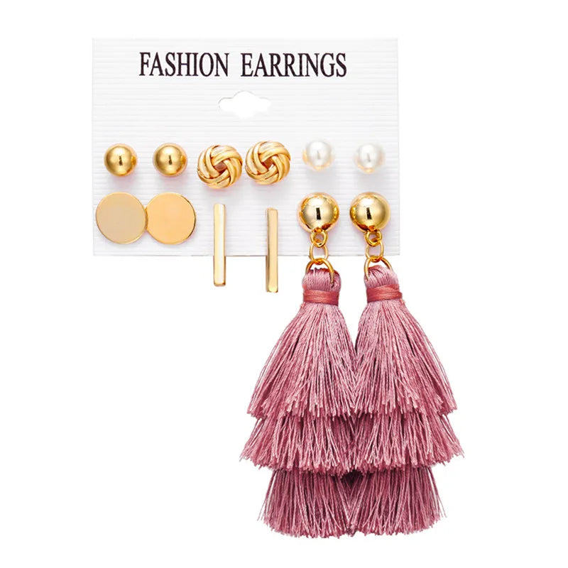 17KM 30 Boho Tassel Earrings Bohemian Long Earrings Set for Women Brincos Geometric Fabric Drop Earring Female Fashion Jewelry