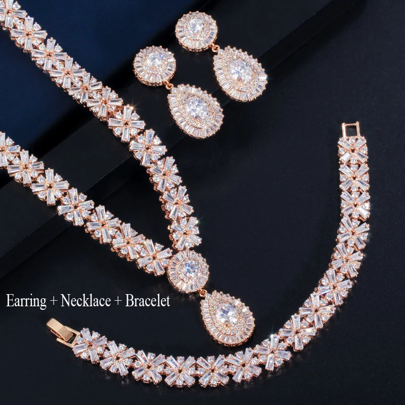 CWWZircons Exclusive Dubai Gold Plate Jewellery Luxury Cubic Zirconia Necklace Earring Bracelet Party Jewelry Set for Women T053