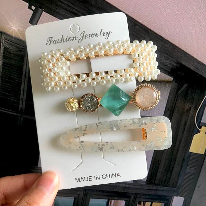 Korean Simulated Pearl Barrettes Beaded Geometric Women Hair Clip Hairgrips Hair Accessories Girls Jewelry Hair Pins