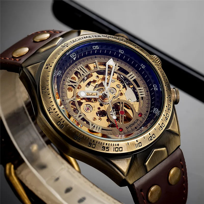 Men Watch Skeleton Automatic Mechanical Male Clock Top Brand Luxury Retro Bronze Sport Military Wristwatch Relogio Masculino