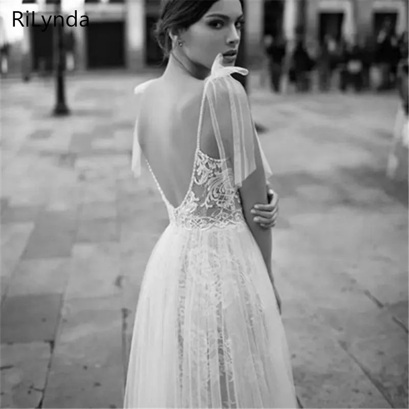 NEW High Slits Wedding Dresses Backless Bohemia Spaghetti Neckline Lace Appliqued Bridal Gowns Plus Size Wedding Dres