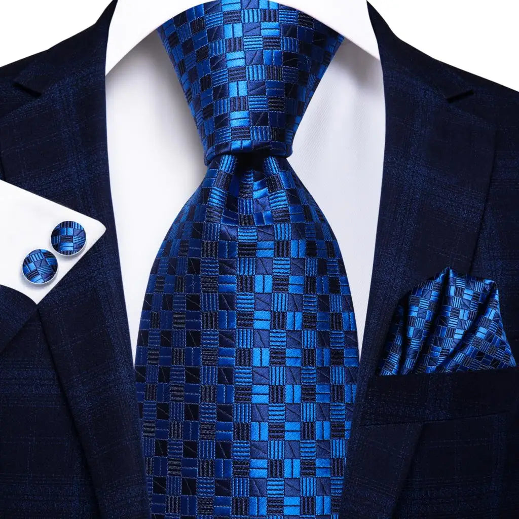 Business Tie for Men Silk Blue Tie Dots Necktie Set Plaid Cufflinks for Wedding Business Tie 150cm Hi-Tie SN-3529