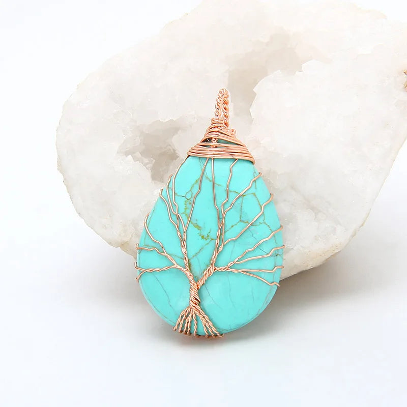 Natural Purple Quartz Opal Stone Pendants Handmade Rose Gold Color Tree of Life Wrapped Drop Shaped Crystal Pendant Necklace