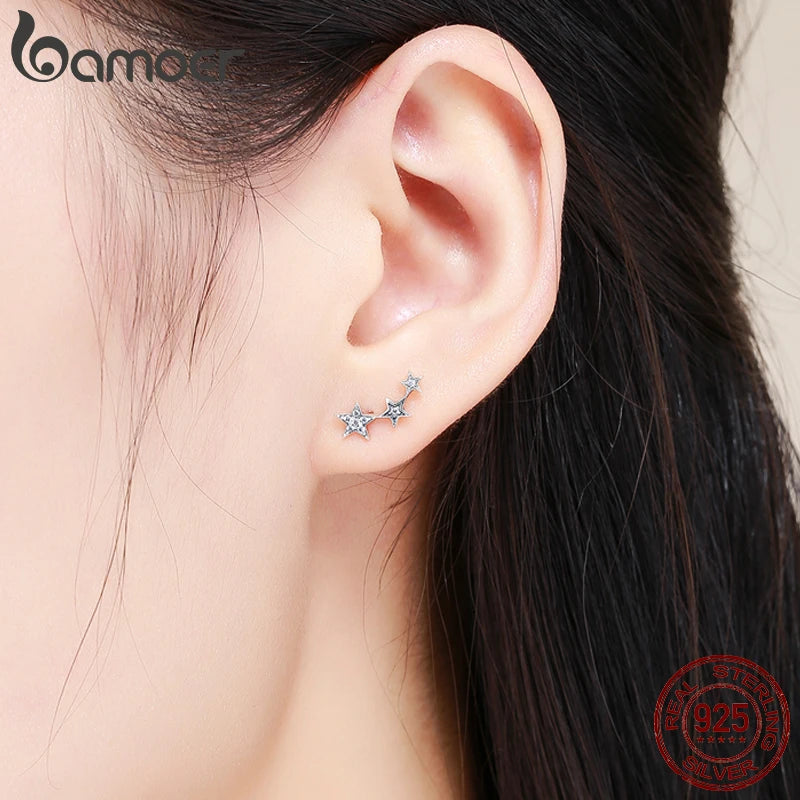 BAMOER Authentic 925 Sterling Silver CZ Exquisite Stackable Star Earrings for Women Jewelry Valentine's Day