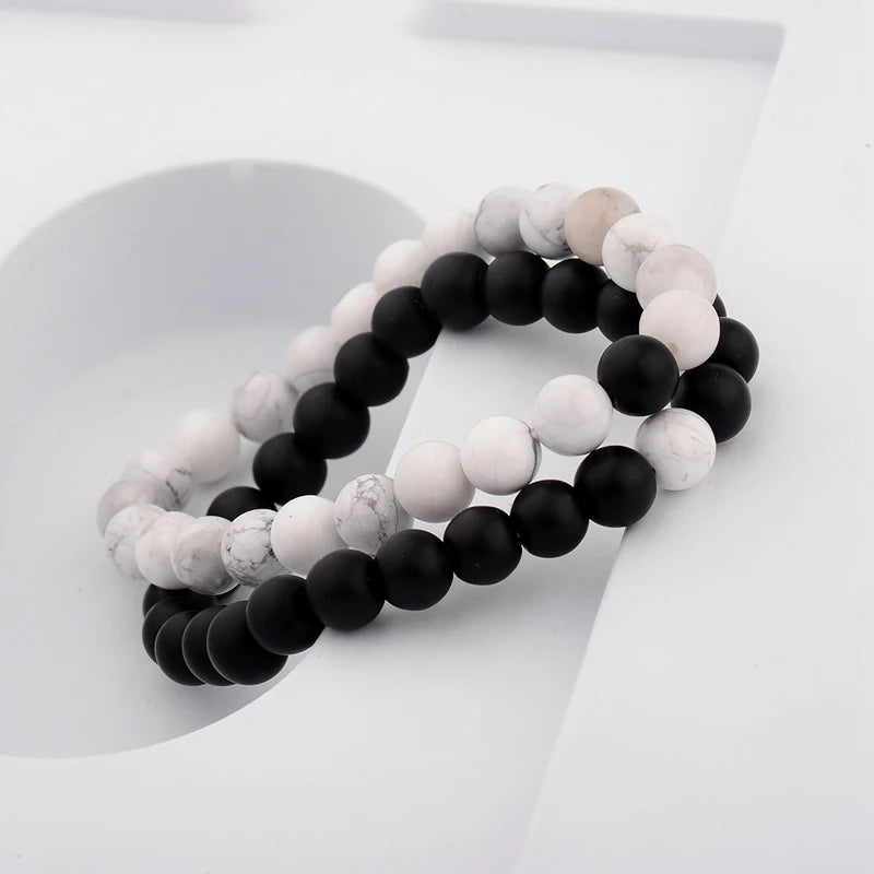 Couples Distance Bracelet Natural Wood Stone White and Black Yin Yang Beaded Bracelets for Men Women Best Friend Valentine's Day