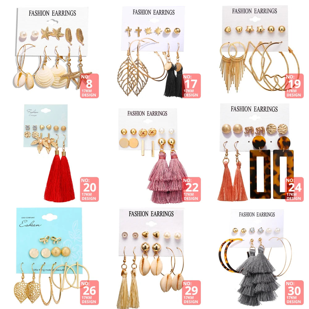 17KM 30 Boho Tassel Earrings Bohemian Long Earrings Set for Women Brincos Geometric Fabric Drop Earring Female Fashion Jewelry