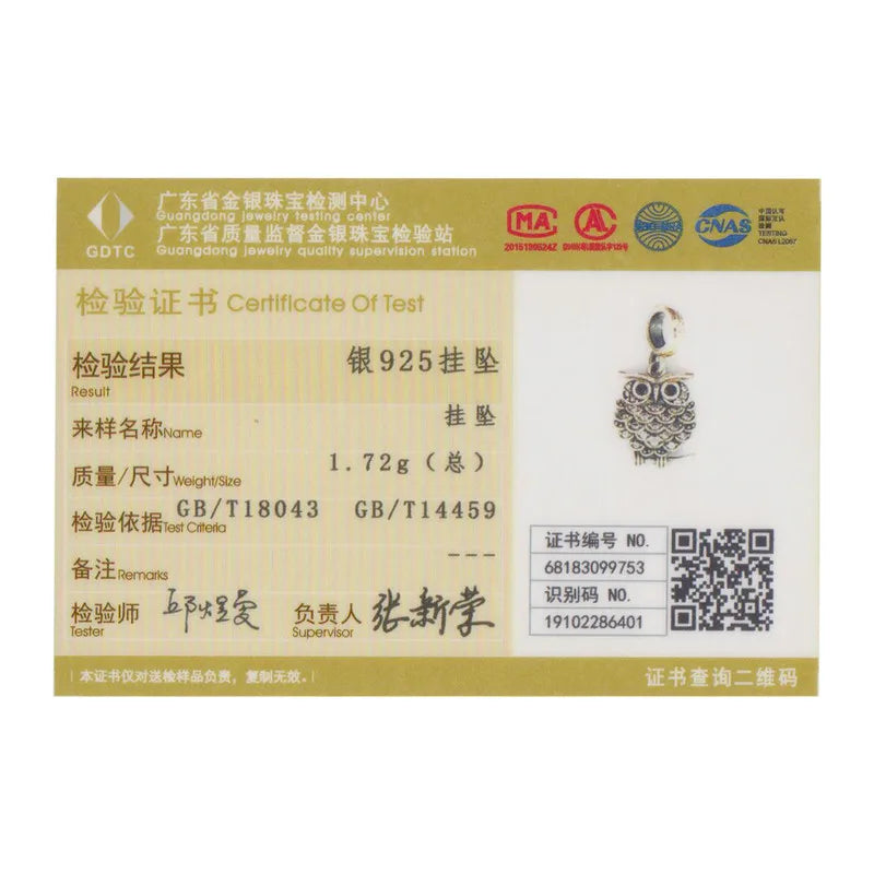 BAMOER Authentic 925 Sterling Silver Crystal Owl Lovely Animal Shape Beads Charm Fit Bracelet & Bangles Jewelry Making SCC949