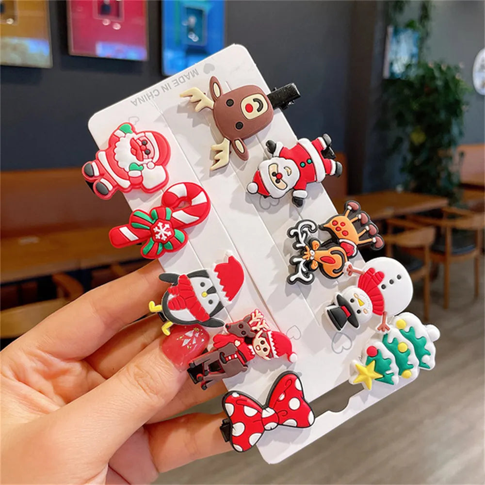 10pcs Cute Christmas Hair Clips Set Classic Xmas Tree Santa Claus Reindeer Pattern Alligator Pins for Baby Girls Bangs Barrettes