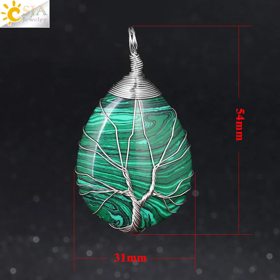 CSJA Natural Stone Pink Quartz Necklace & Pendant Silver-Color Tree of Life Wire Wrapped Water Drop Shape for Women Jewelry F122