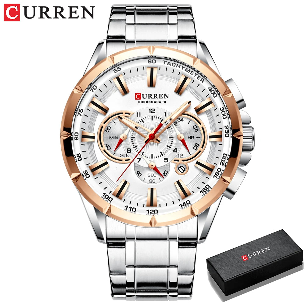 CURREN Luxury Casual Mens Watches Quartz Sports Chronograph Wristwatch Male Stainless Steel Luminous Hands Clock