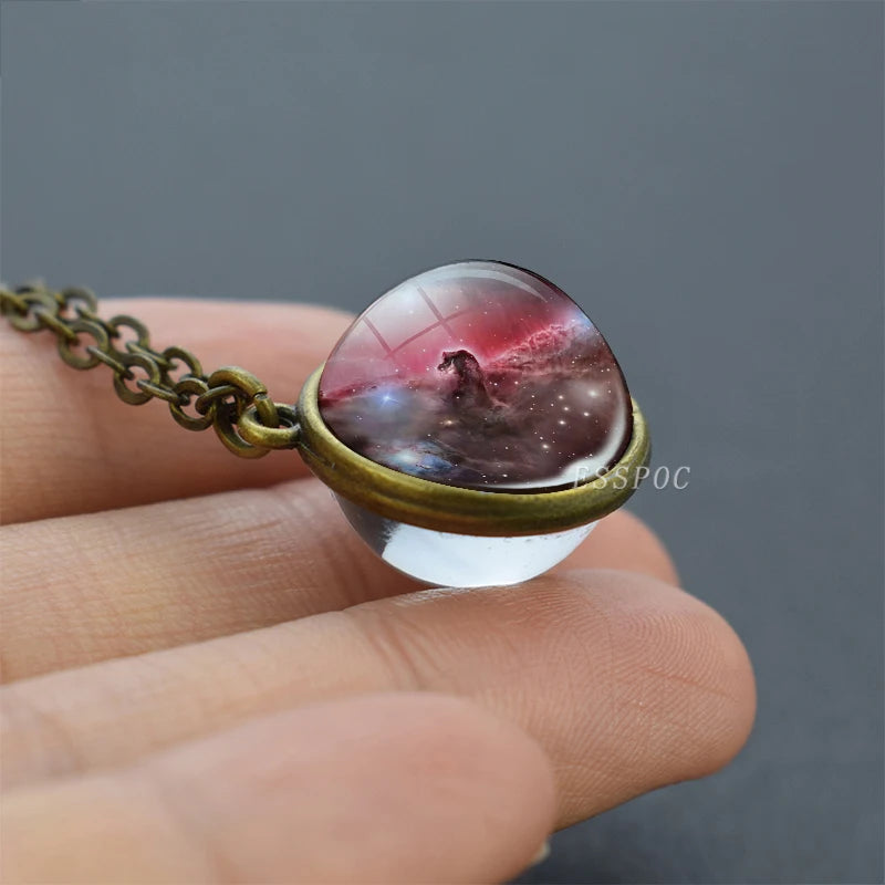2019 New Glass Ball Galaxy Double Sided Pendant Necklace Universe Planet Jewelry Glass Picture Handmade Statement Necklace