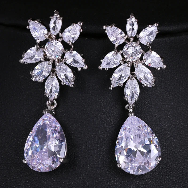 LXOEN Marquise Cut Flower Zirconia Crystal Long Drop Earrings for Women Shiny Leaf CZ Stone Bridal Wedding Jewelry