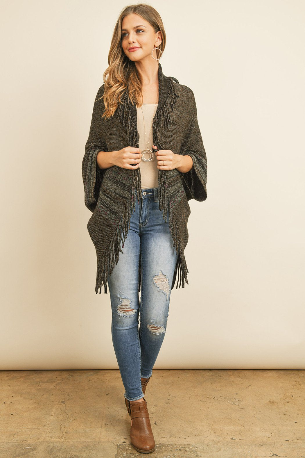 Hdf3072bk - Black Fringe Stripe Open Front Kimono