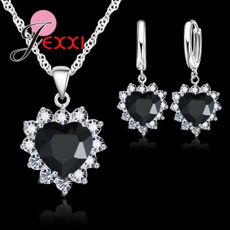 Fashion Heart Shaped Crystal Pendant 925 Sterling Silver Necklace Loop Earring Wedding Jewelry Sets Blue Zircon Accessory