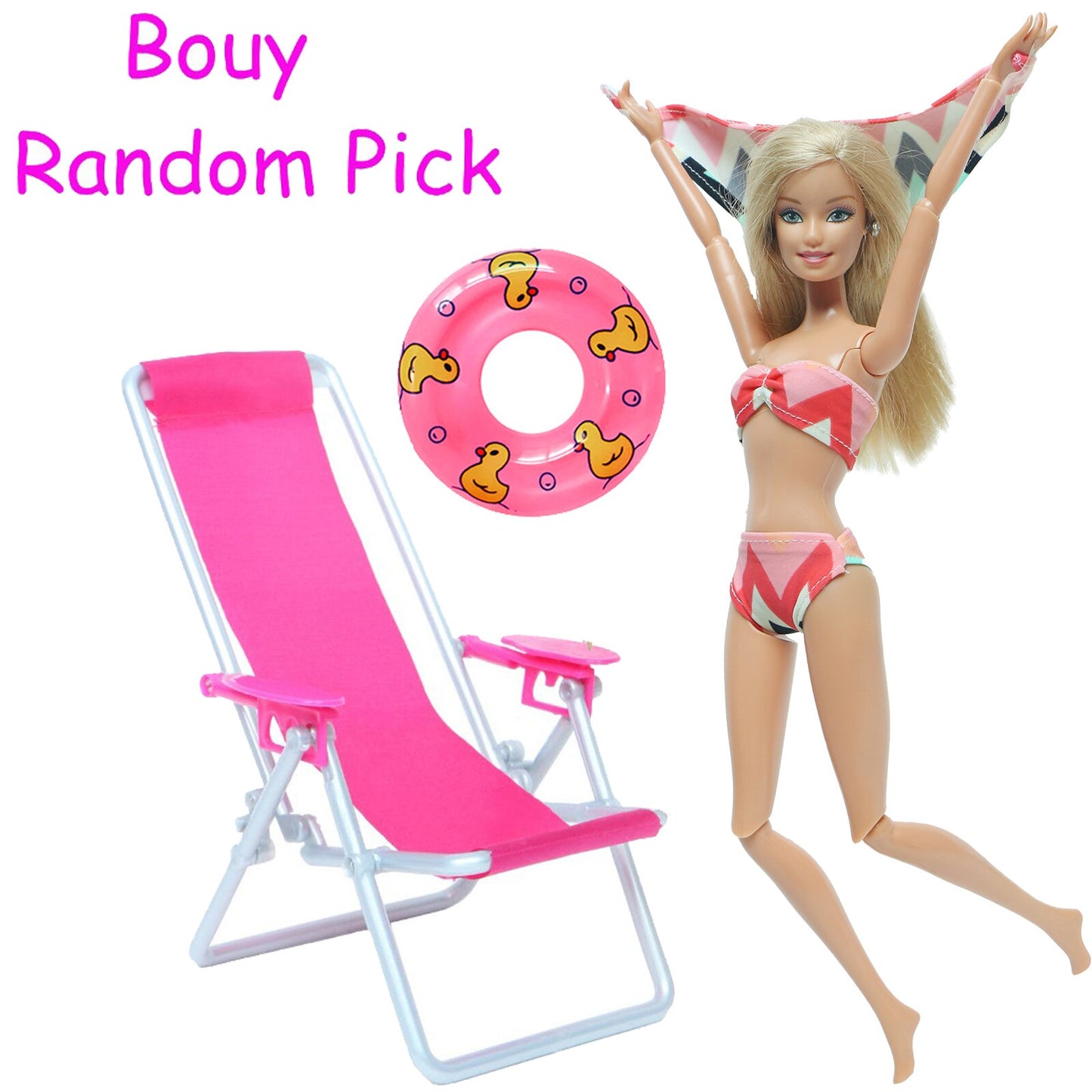 3 Pcs/Lot = 1x Swimsuit Bikini + 1x Random Swimming Buoy Lifebelt Ring +1x Pink Foldable Beach Chair Accessories for Barbie Doll