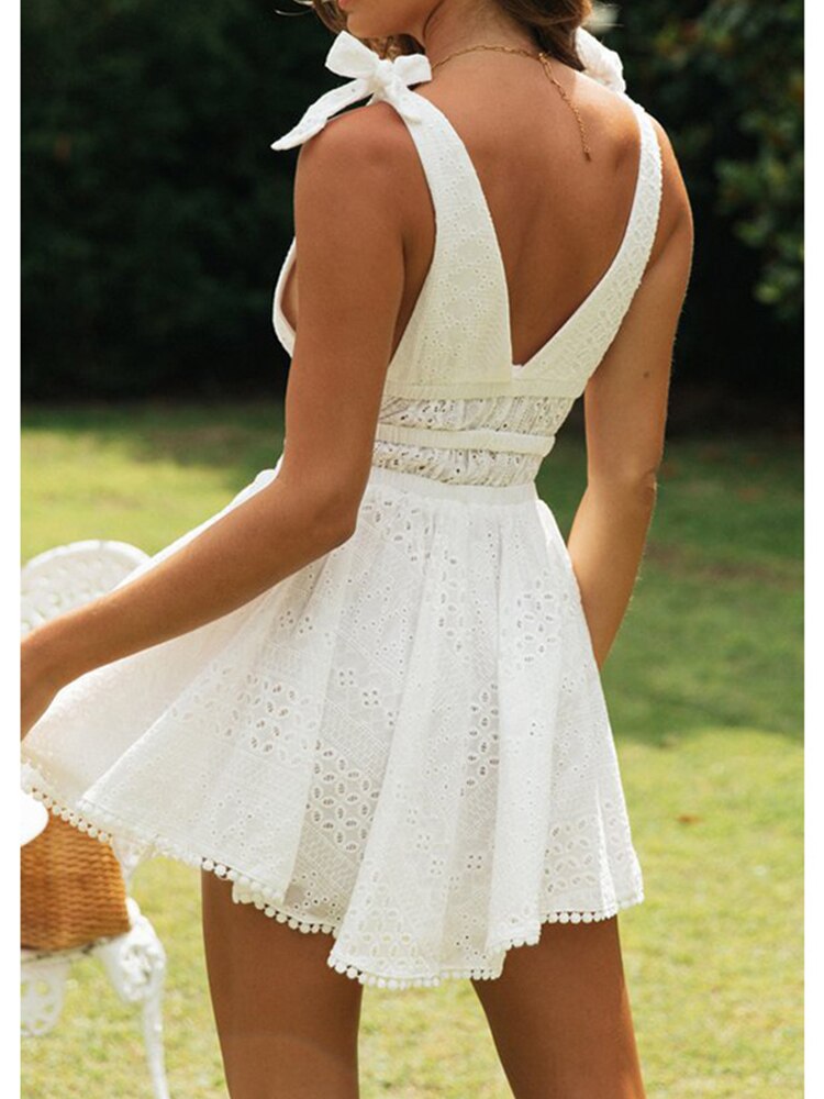 Foridol Bowknot Lace Up Shoulder Hollow Out White Lace Dress Double v Neck Sleeveless Casual Beach Summer Dress Women New