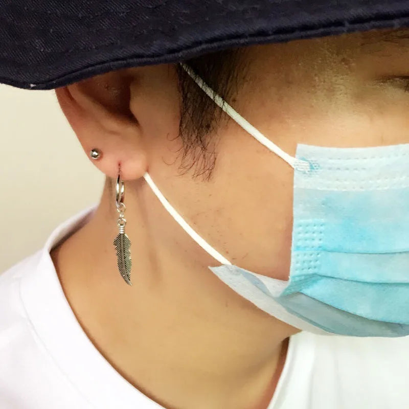 Men Punk Earrings Feather Tassel Long Chain Pendant Stainless Steel Stud Earring Trend Rock Hipster Ear Clip
