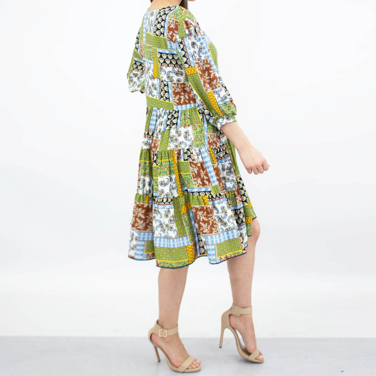 Flare Bottom 3/4 Sleeve Dress - Green