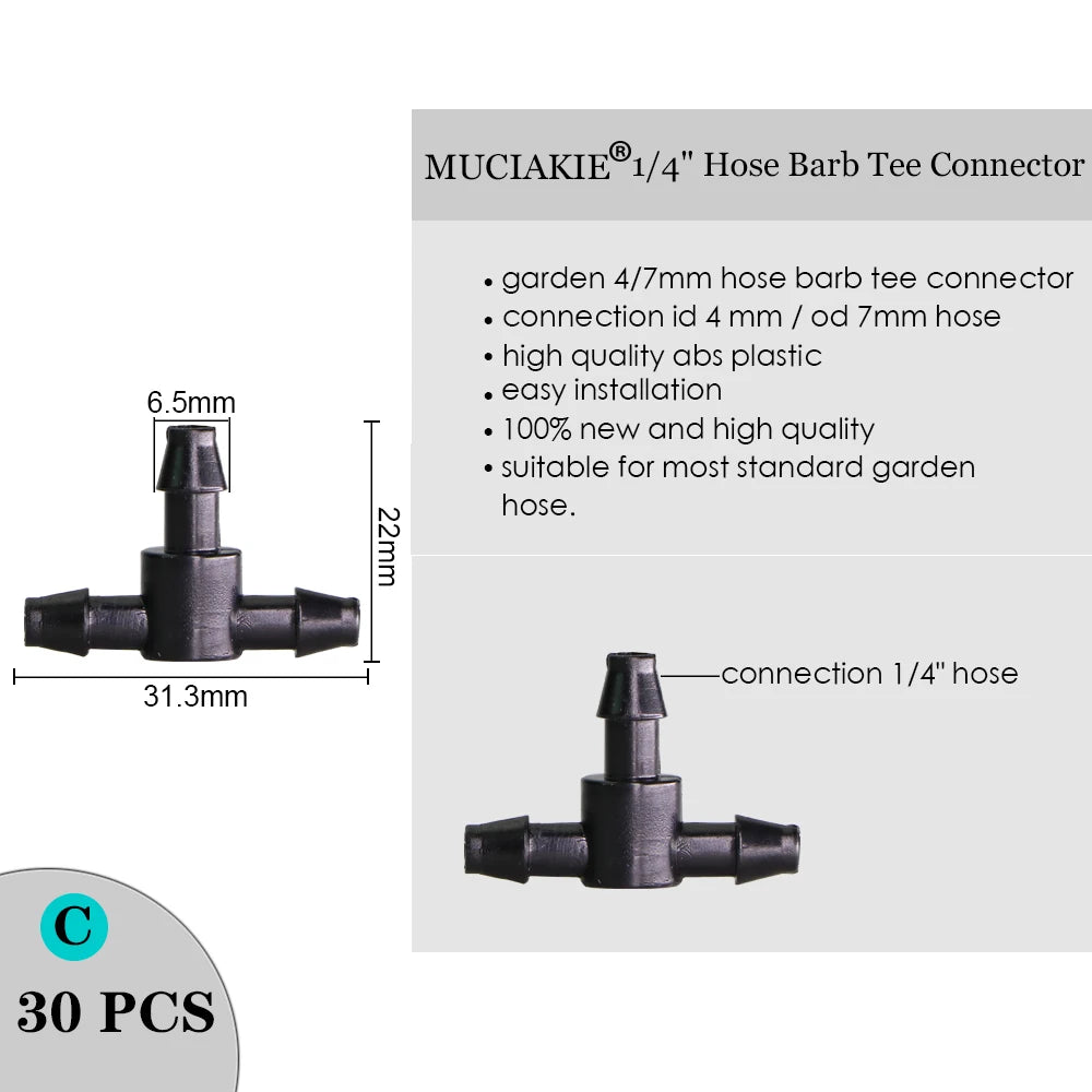 MUCIAKIE Sprinkler Irrigation 1/4 Inch Barb Tee Single Double Barb Barbed Water Pipe Connectors for 4/7mm Hose Garden Fitting