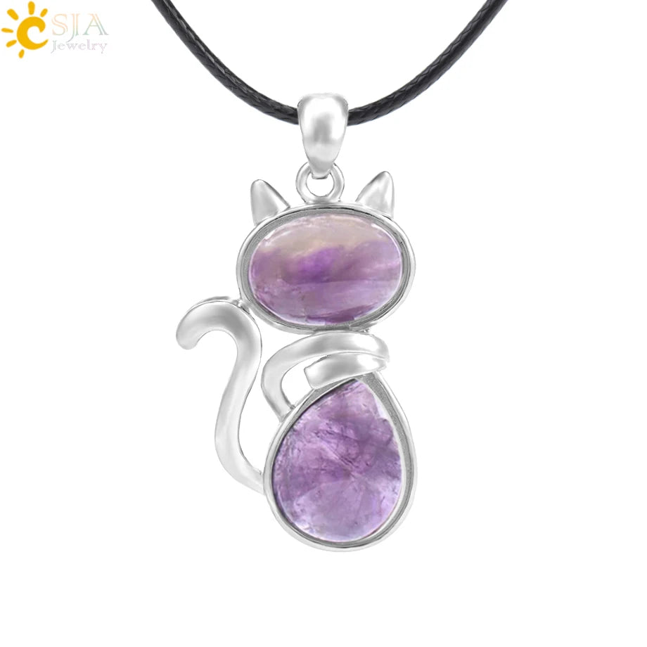 CSJA Reiki Natural Stone Necklaces Pink Quartz Pendants for Women Girl Cute Cat Shape Rock Black Onyx Beads Chain Jewelry F066