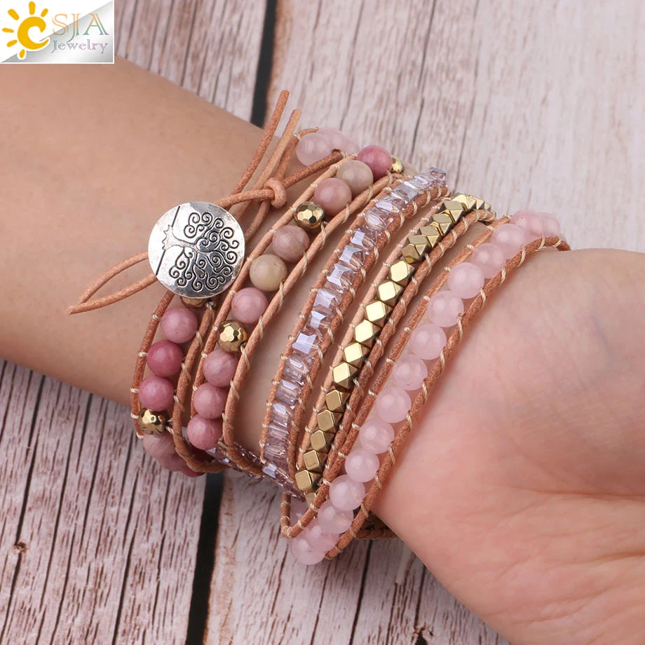 CSJA Natural Stone Bracelet Pink Quartz Leather Wrap Bracelets for Women Rose Gems Crystal Beads Bohemia Jewelry 5 Strand S308