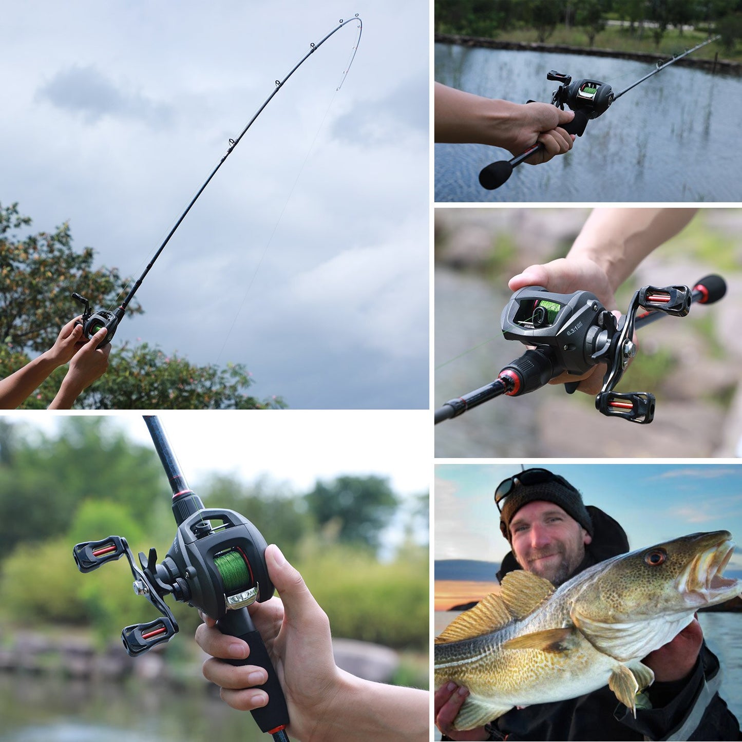 Sougayilang Fishing 1.8-2.4m Rod Combo Portable 5 Section Carbon Fishing Rod and 6.3:1 Gear Ratio12+1bb Casting Reel Set