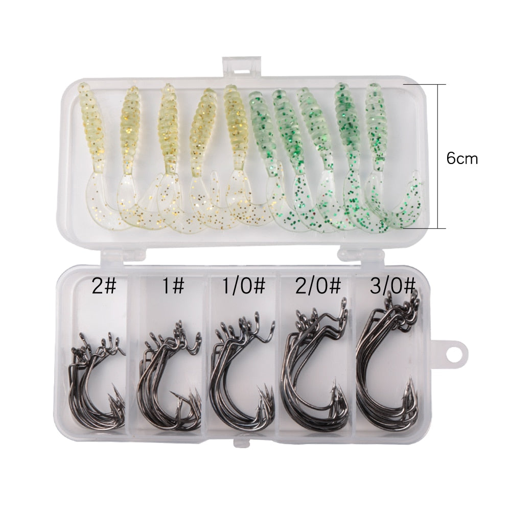 60pcs/Lot Sea Fishing Hook With Soft Lures 2#1#1/0#2/0#3/0# Carp Snap Fishing Big Hooks Tackles Accessories Fish Hook With Box