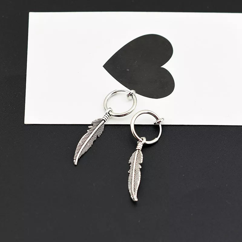 Men Punk Earrings Feather Tassel Long Chain Pendant Stainless Steel Stud Earring Trend Rock Hipster Ear Clip