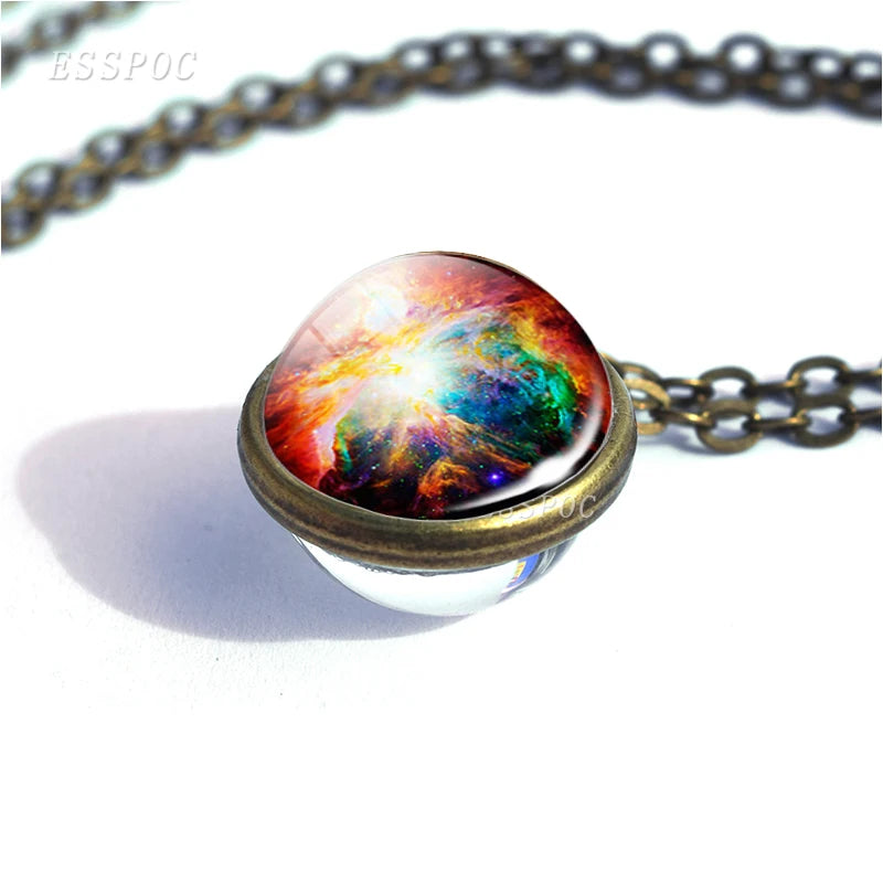 Full Moon Sphere Crystal Ball Glass Necklace Handmade Double Side Glass Ball Pendant Solar System Outer Space Astronomy Jewelry