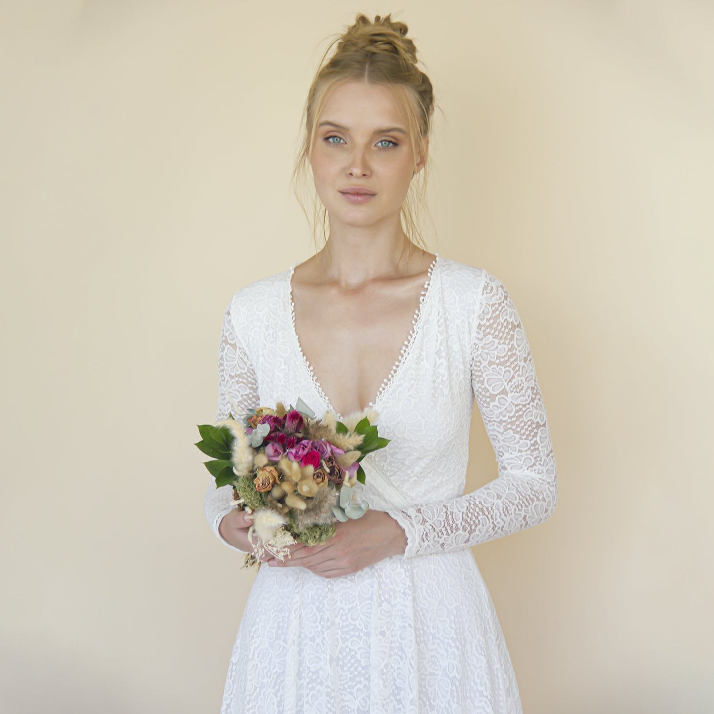 Bohemian Lace Wedding Dress Wrap Neckline With Fringes #1363