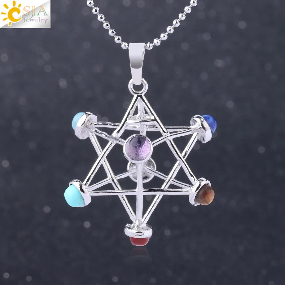 CSJA Merkaba Chakras Pendants Natural Stone Reiki 7 Chakra Necklaces Healing Hollow Star Point Women Men Necklace Pendulo F766