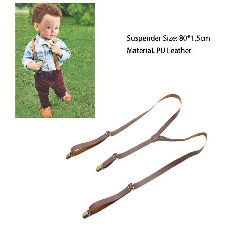 3 Clips Y Back Kid Brown Tan Leather Suspender and Bow Tie Ring Bearer Bowtie Set Birthday Outfit 80*1.5cm Adjustable