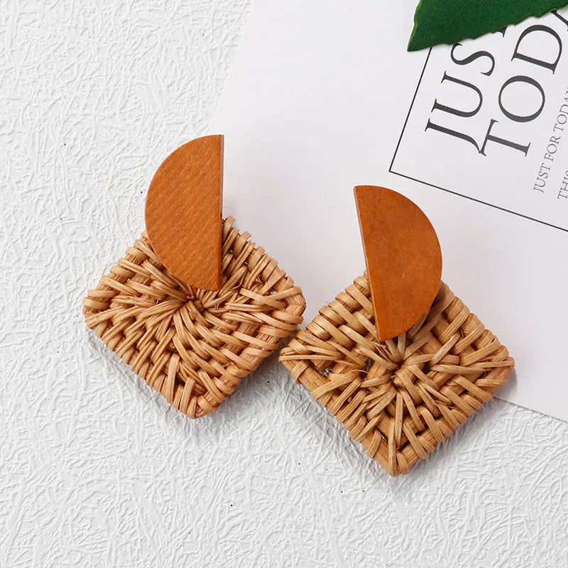 AENSOA Multiple 27 Style Korea Handmade Wooden Straw Weave Rattan Vine Braid Drop Earrings New Geometric Long Earrings