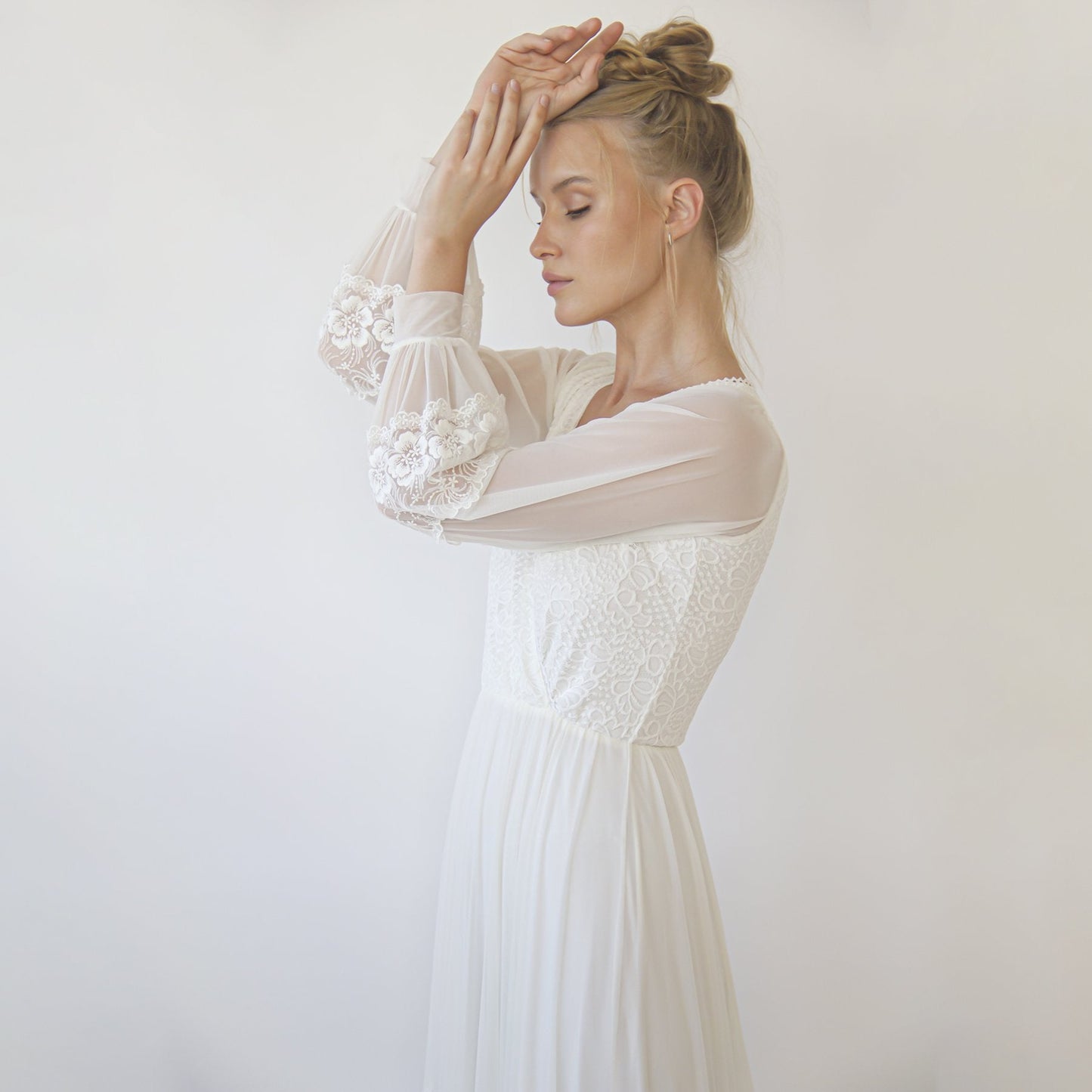 Bestseller Ivory Wrap Lace Wedding Dress With Chiffon Mesh Sleeves #1352