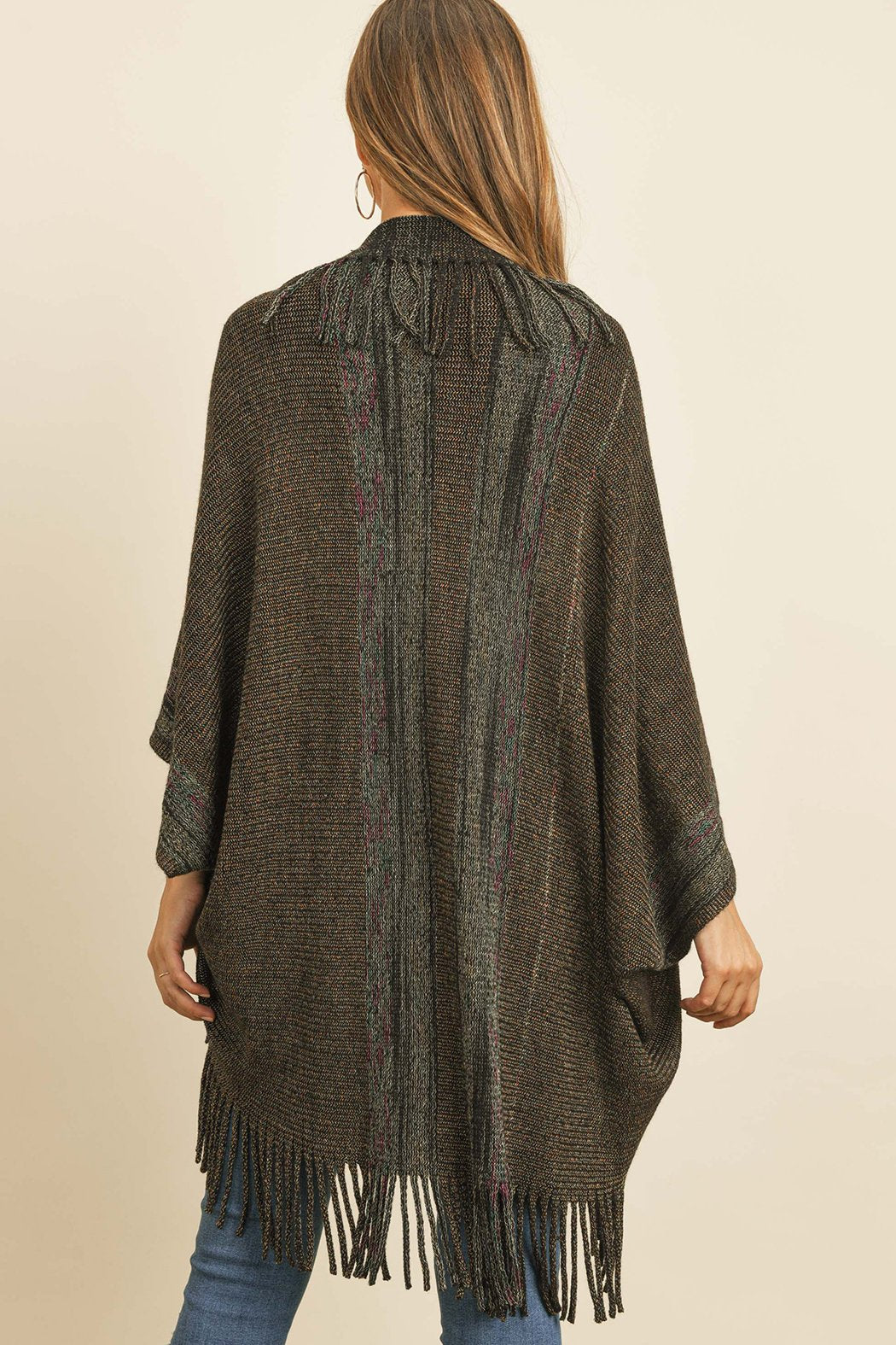 Hdf3072bk - Black Fringe Stripe Open Front Kimono