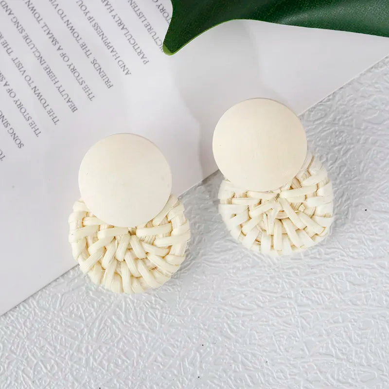 AENSOA Multiple 27 Style Korea Handmade Wooden Straw Weave Rattan Vine Braid Drop Earrings New Geometric Long Earrings