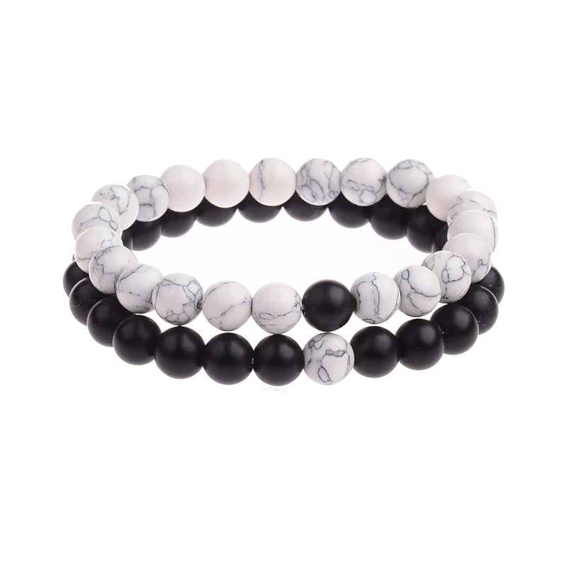 Couples Distance Bracelet Natural Wood Stone White and Black Yin Yang Beaded Bracelets for Men Women Best Friend Valentine's Day