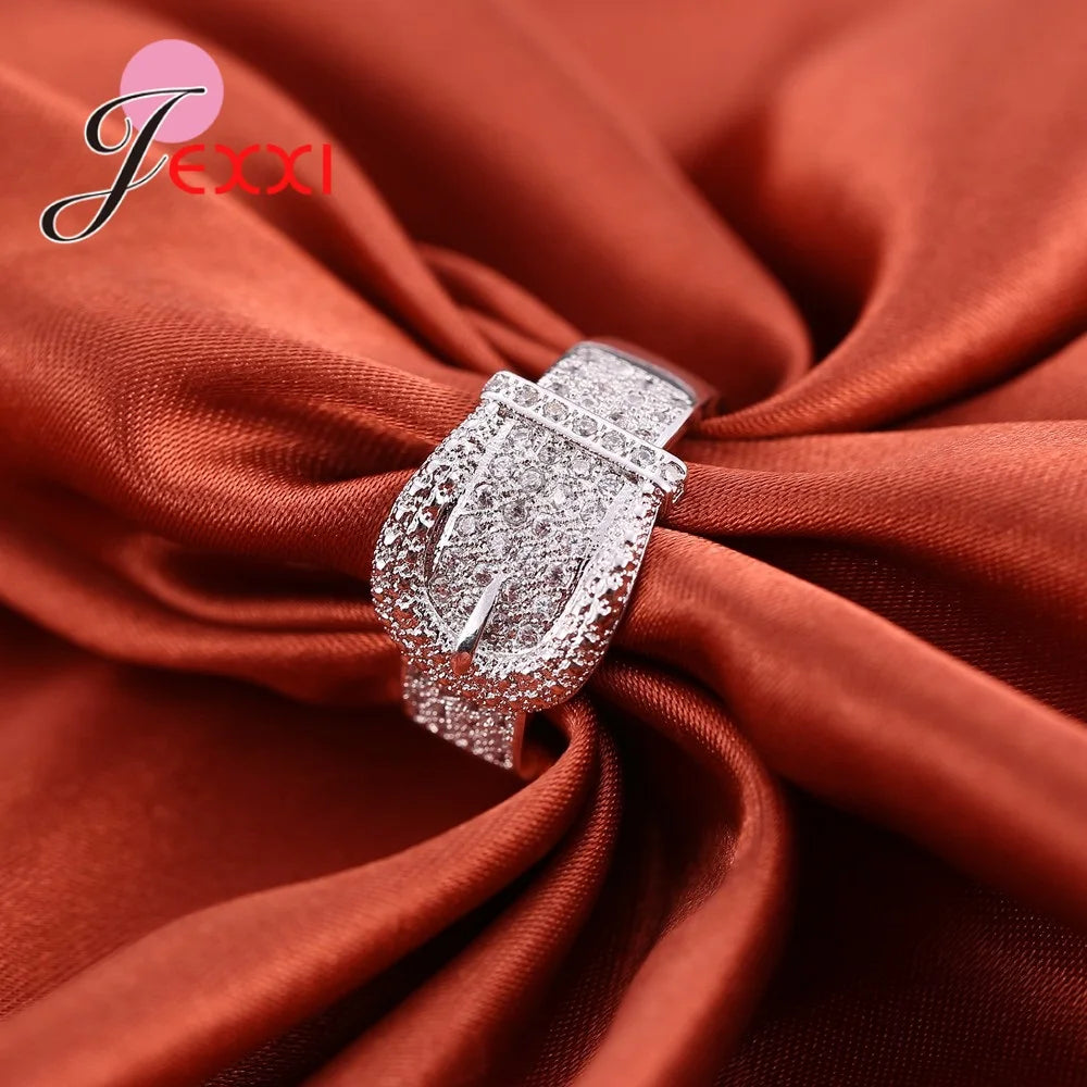 Trendy 925 Sterling Silver Women's Crystal Rings With Stones Belt Buckle Design Jewelry