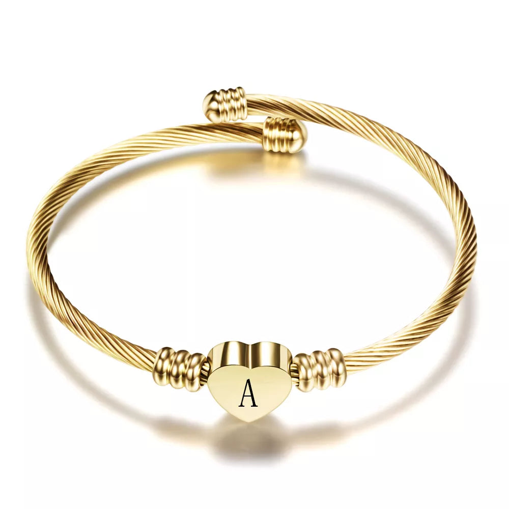 Girls Gold Color Stainless Steel Heart Bracelet Bangle With Letter Initial Alphabet Charms Bracelets for Women