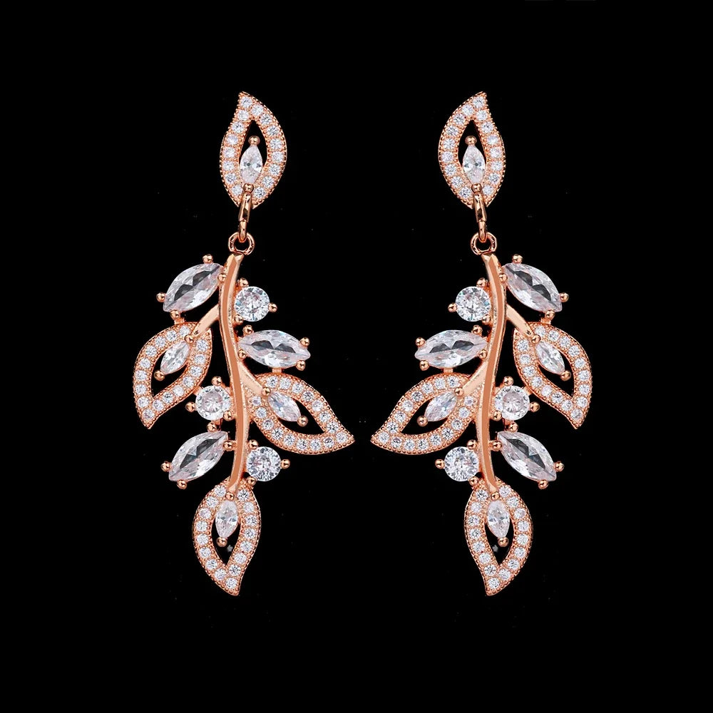 LXOEN Marquise Cut Flower Zirconia Crystal Long Drop Earrings for Women Shiny Leaf CZ Stone Bridal Wedding Jewelry