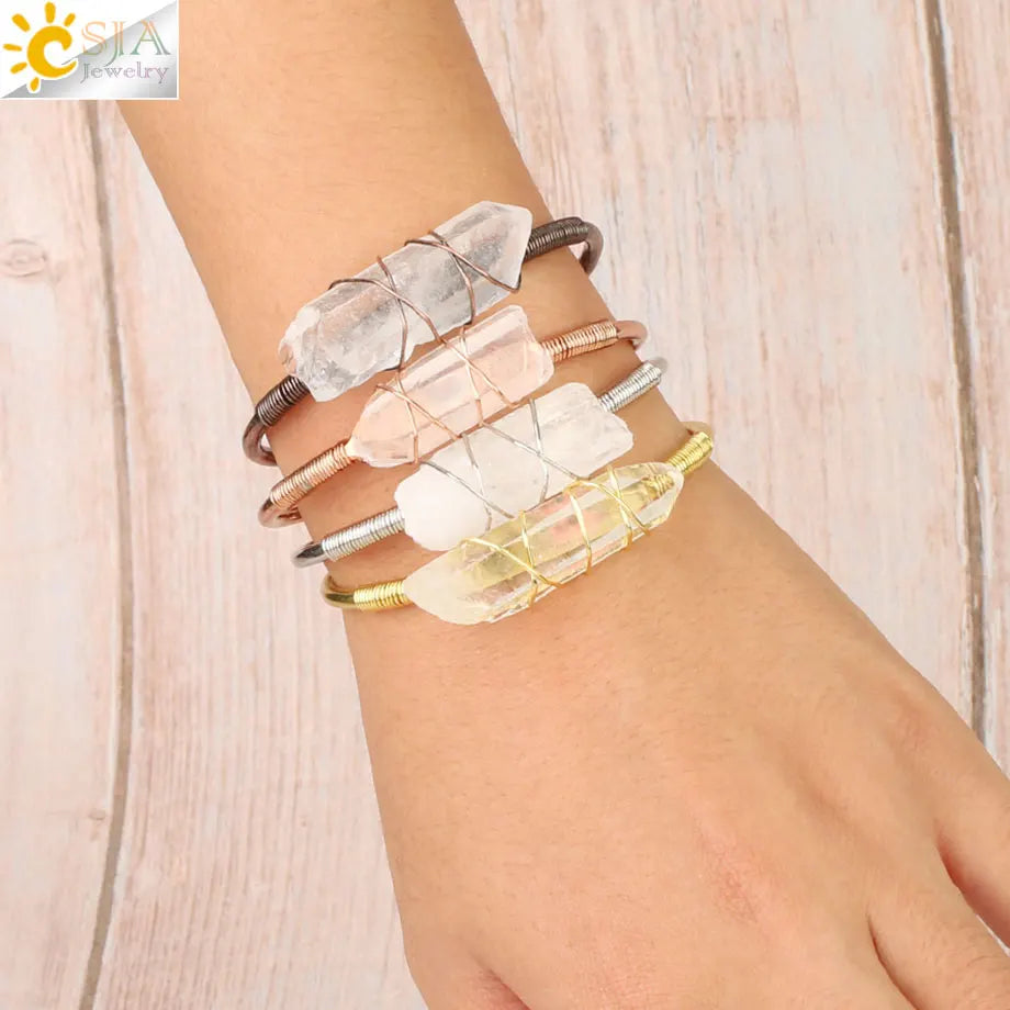 CSJA Natural Stone Clear Quartz Bangles Open Cuff Bracelet Wire Wrap Irregular Crystal Stones Copper Bangle Female Jewelry G168
