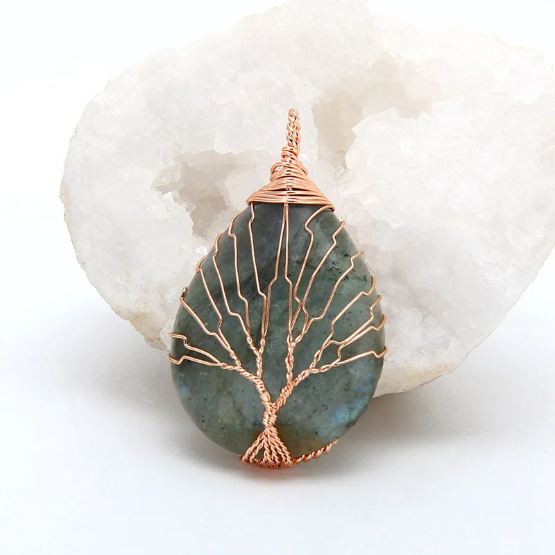 Natural Purple Quartz Opal Stone Pendants Handmade Rose Gold Color Tree of Life Wrapped Drop Shaped Crystal Pendant Necklace