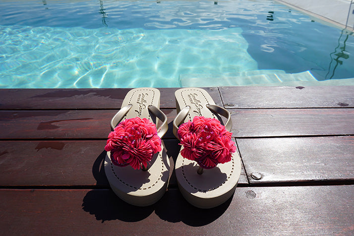 Noho Pink Flower - Embroidered Mid Wedge Flip Flops