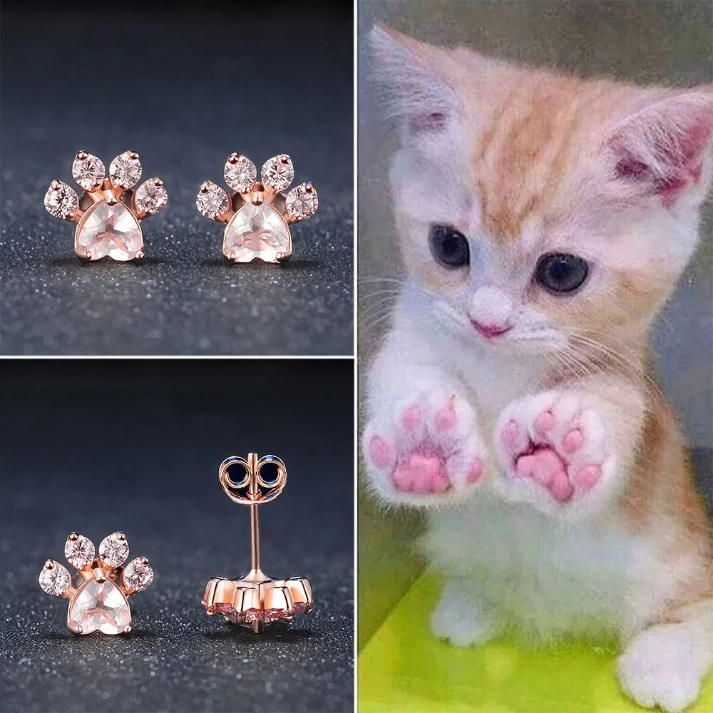LAMOON Cat Paw 925 Sterling Silver Earrings for Women Rose Quartz Stud Earring Gemstone Stud Earings Fine Jewelry EI040-2