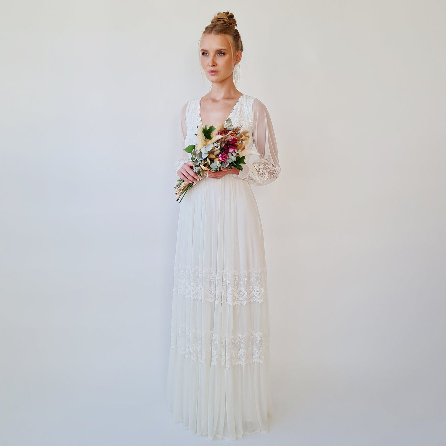 Bestseller Ivory Wrap Lace Wedding Dress With Chiffon Mesh Sleeves #1352