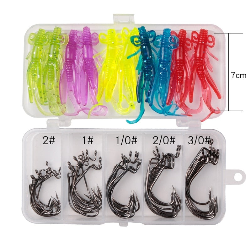 60pcs/Lot Sea Fishing Hook With Soft Lures 2#1#1/0#2/0#3/0# Carp Snap Fishing Big Hooks Tackles Accessories Fish Hook With Box