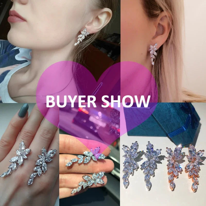 LXOEN Marquise Cut Flower Zirconia Crystal Long Drop Earrings for Women Shiny Leaf CZ Stone Bridal Wedding Jewelry