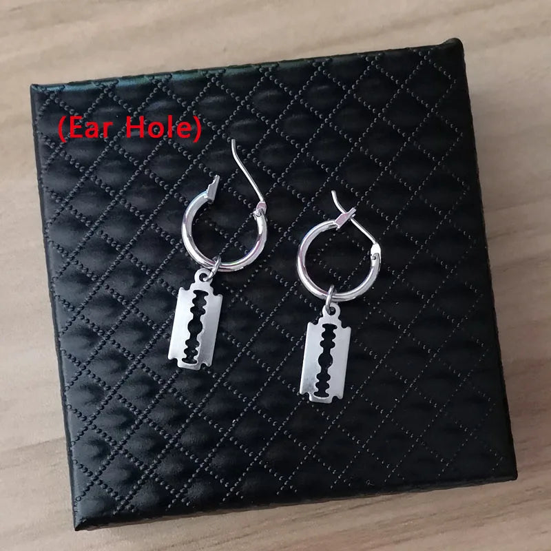 Men Punk Earrings Feather Tassel Long Chain Pendant Stainless Steel Stud Earring Trend Rock Hipster Ear Clip