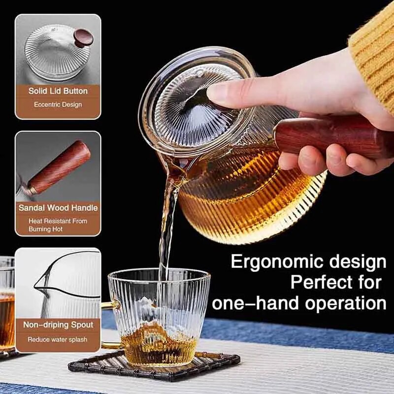 YMEEI Glass Teapot With Removable Clear Infuser Sandal Wood Handle Stove & Micro